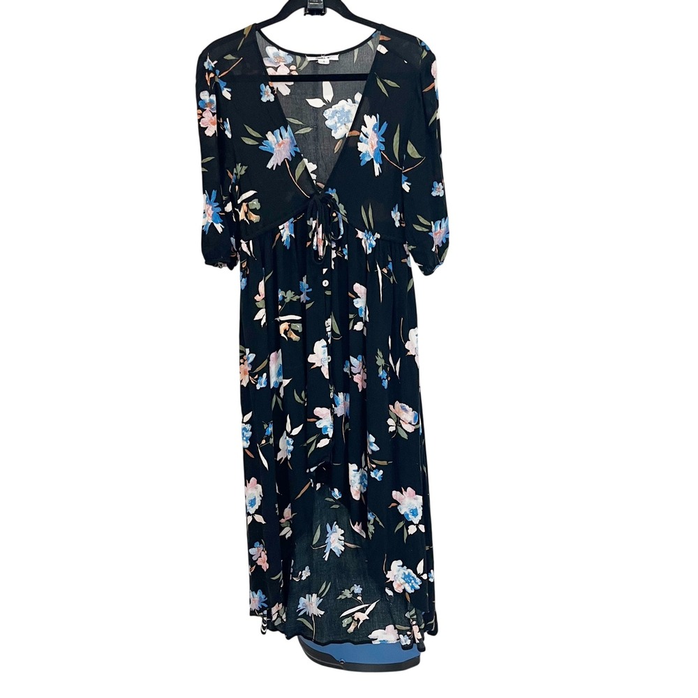 O'Neill Black Floral Tie Front High Low Maxi Dress Size Small Boho Beach